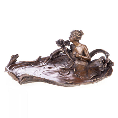 Bronze Floral Lady Tray Sculpture | Handcrafted Bronze Decor