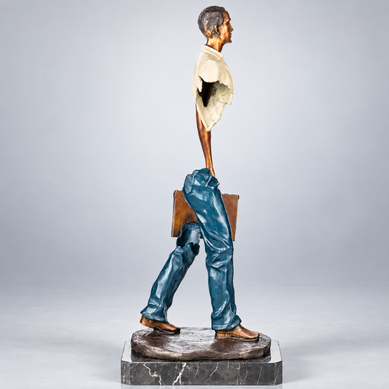 Man with Suitcase Modern Bronze Sculpture, Painted (Style C)