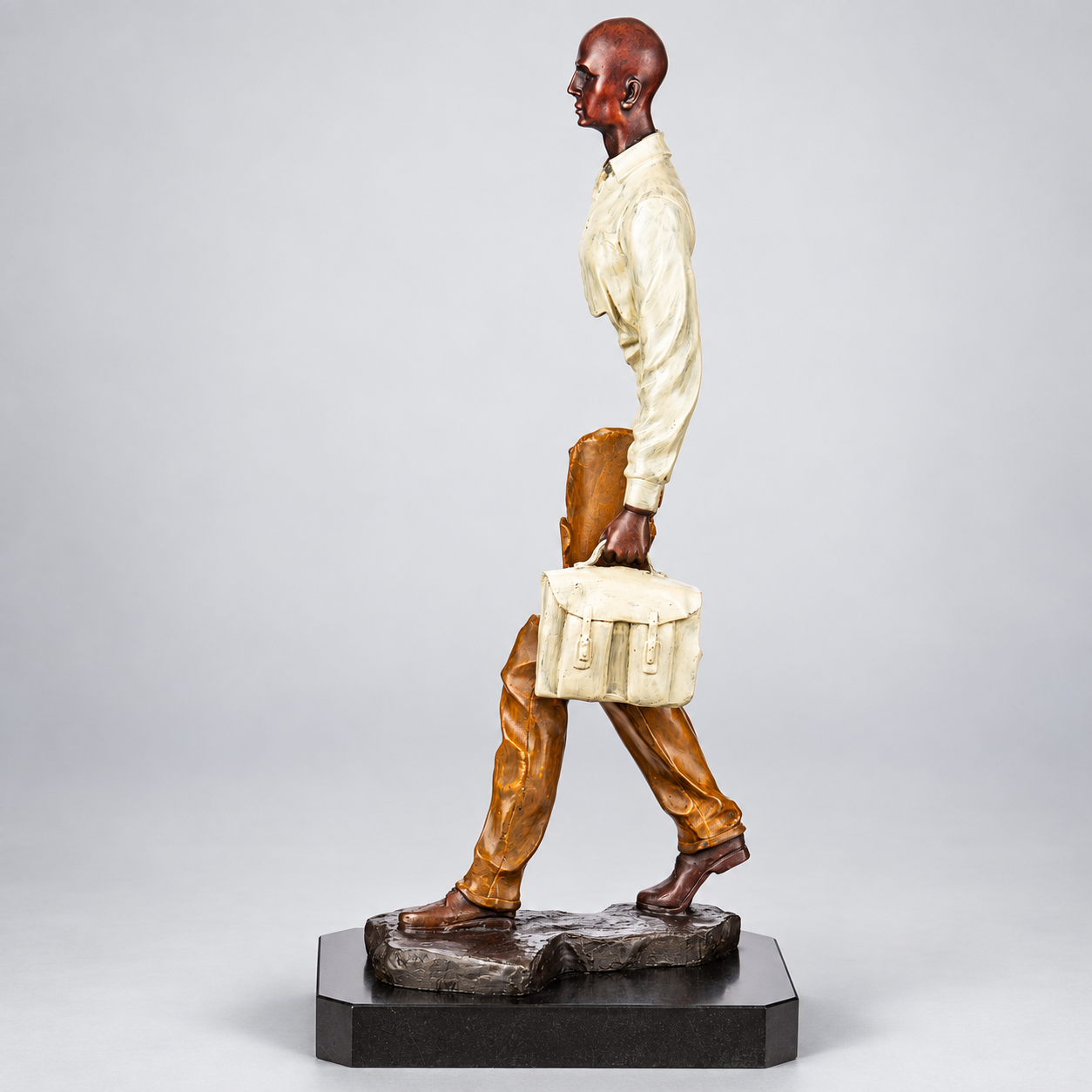 Man with Suitcase Modern Bronze Sculpture, Painted