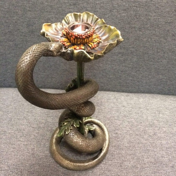 Cold Cast Bronze Snake on Poppy Candle Holder - Veronese Design