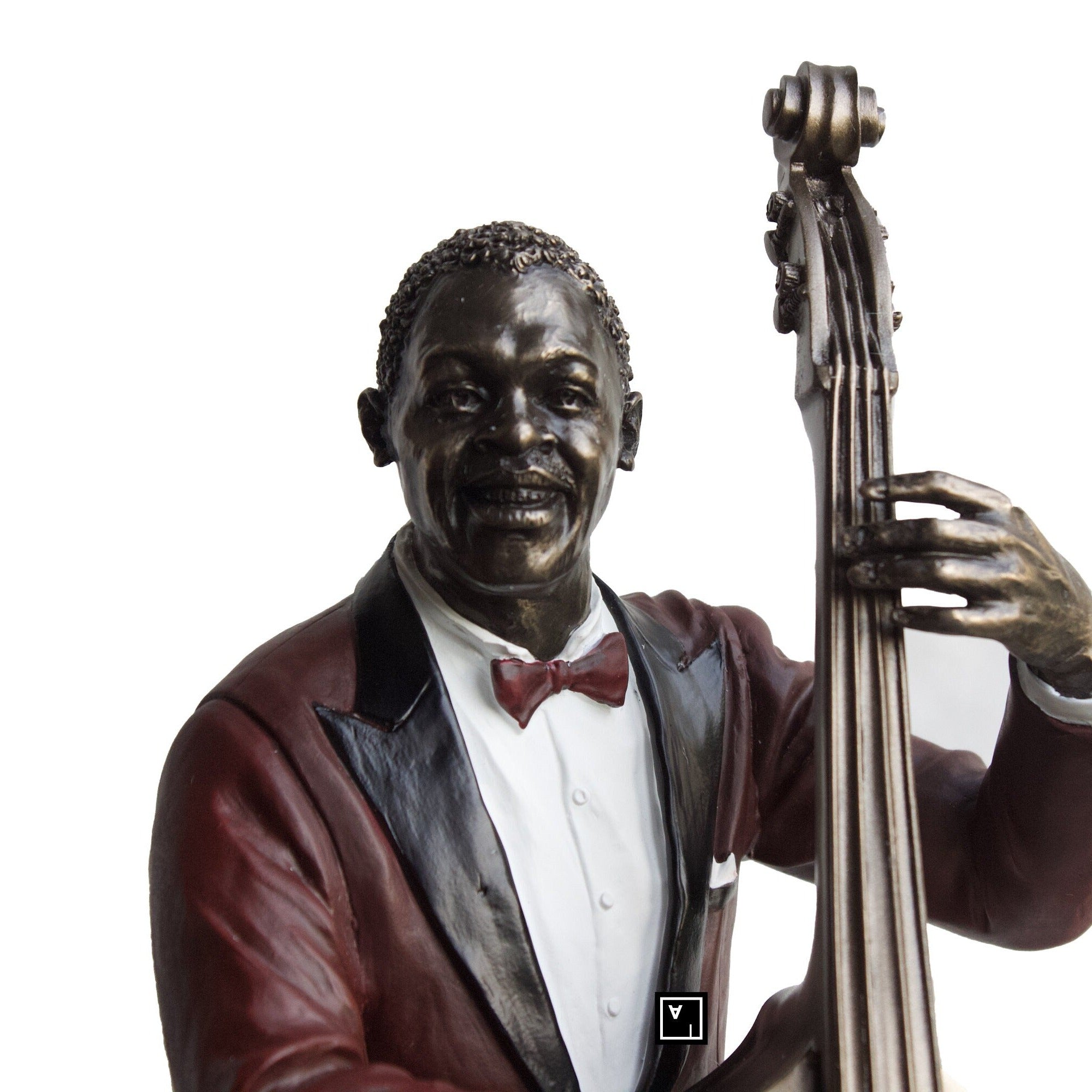 Bronzed Double Bass Player Statue: Jazz Musician Decor