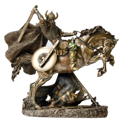 Bronzed Viking Warrior on Horse Statue