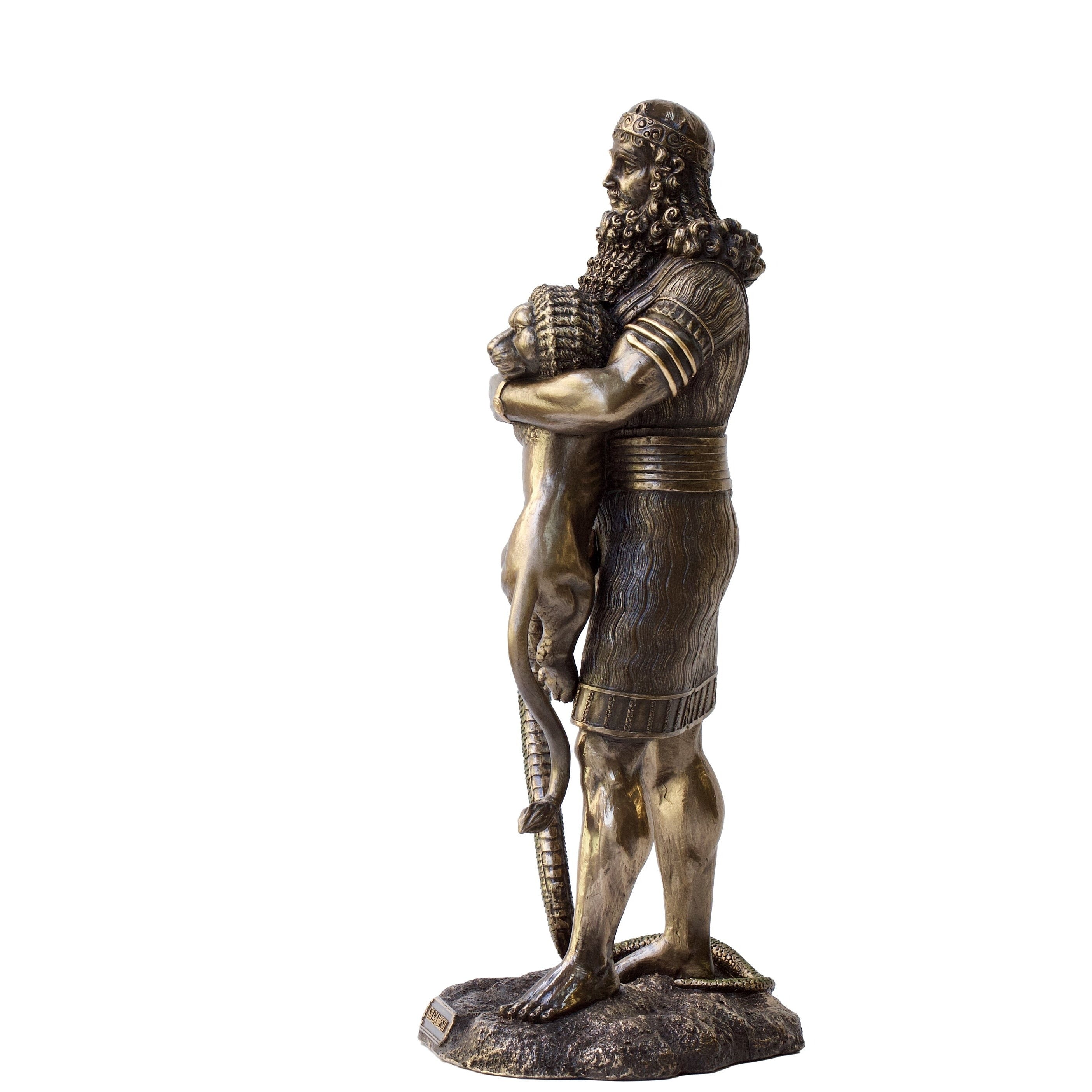 Gilgamesh Statue: Bronzed Sumerian King Holding Lion, Cold Cast Resin