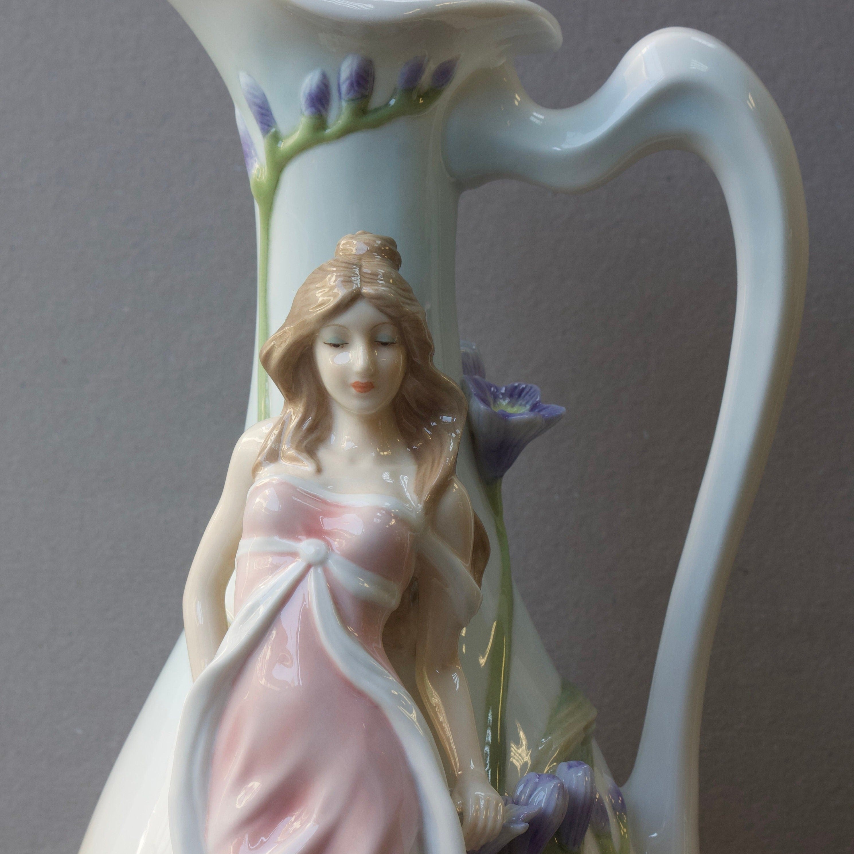 Art Nouveau inspired Glazed Pitcher Nymph in Pink Dress Blue Freesia
