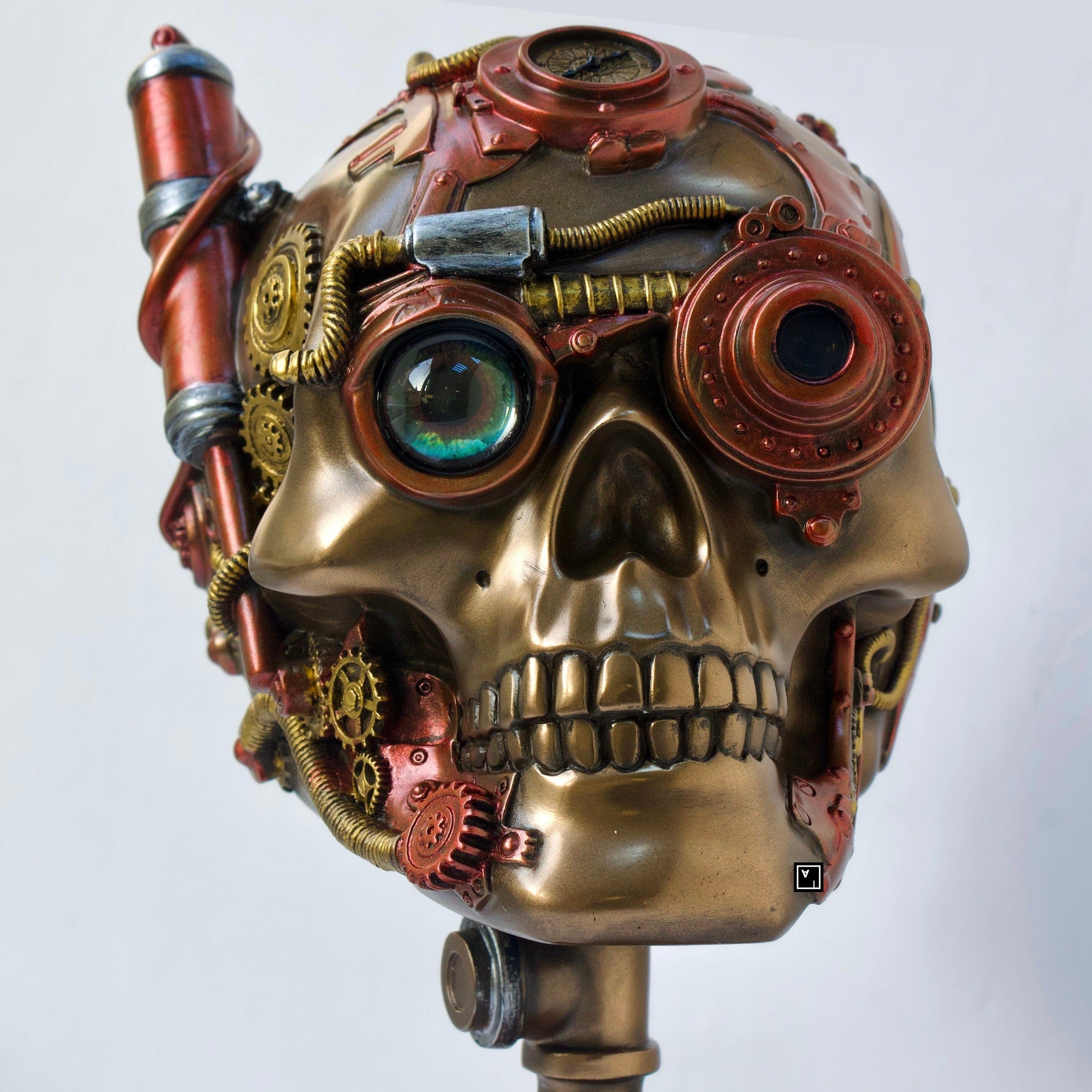 9 Inch Steampunk Skull on a cogwheel stand