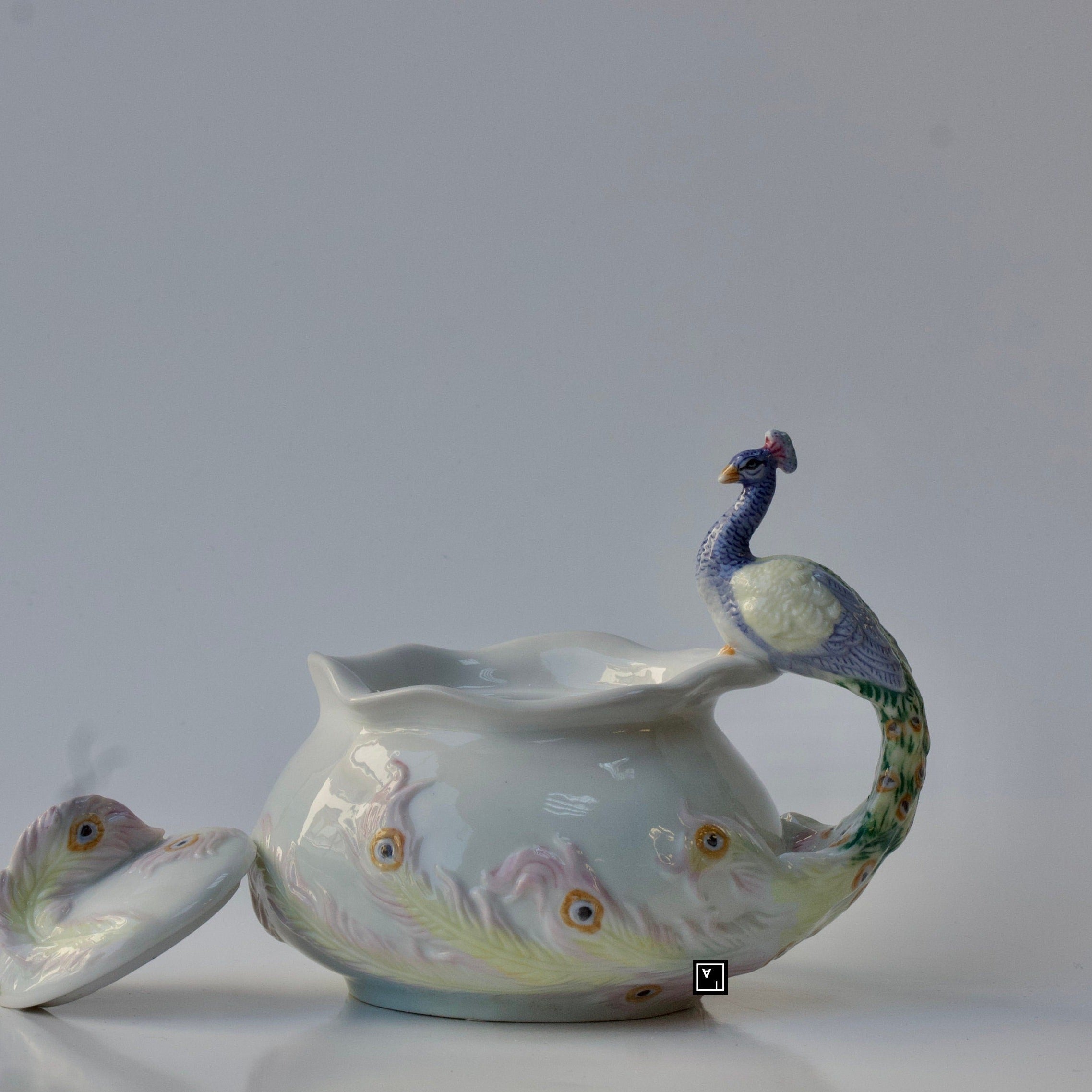 4.45 Inch Peacock Sugar Bowl with Lid. Fine Porcelain Peacock Pitcher