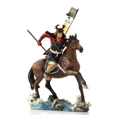 Samurai Horse Rider Statue: Sengoku Period Cavalry Spear, Hand Painted Resin