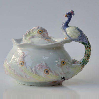 4.45 Inch Peacock Sugar Bowl with Lid. Fine Porcelain Peacock Pitcher