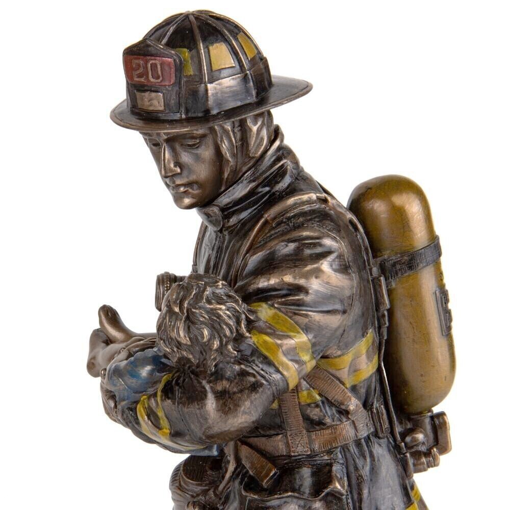 Firefighter Carrying Child Statue: Cold Cast Bronze Rescue Hero Decor (11 Inches)