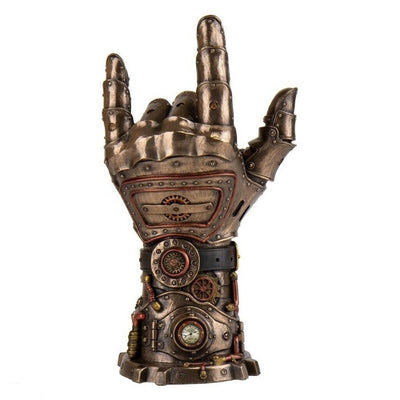Steampunk Rock Hand Sculpture: Mechanical Gesture Statue, 10 Inches
