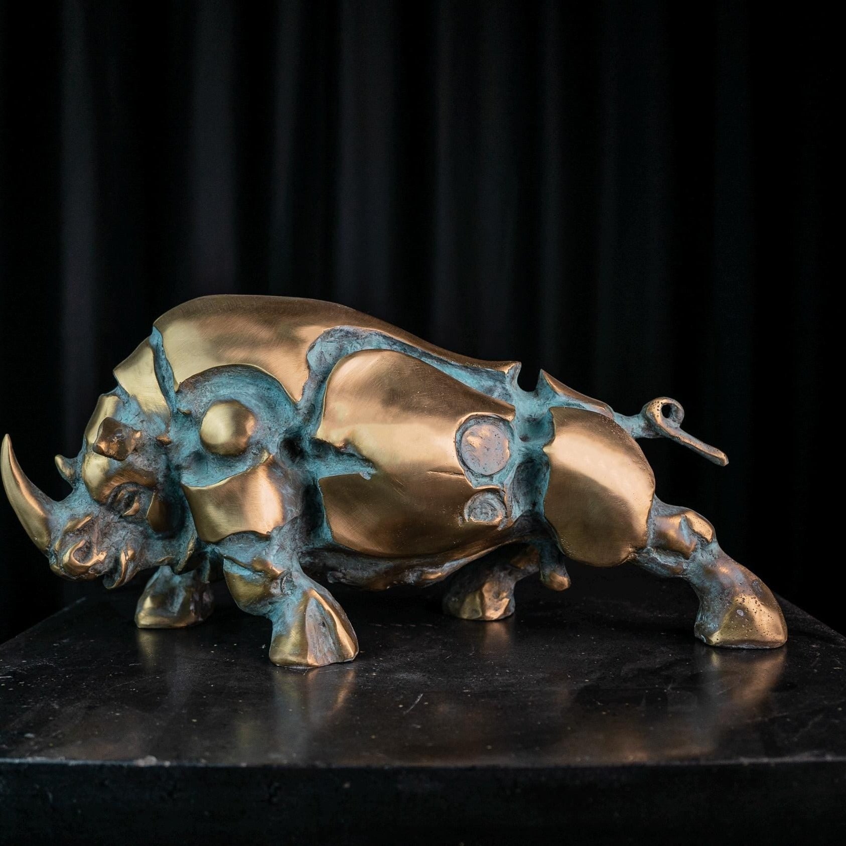 Modern Bronze Rhino Sculpture, Large Outdoor Art (19 Inches)
