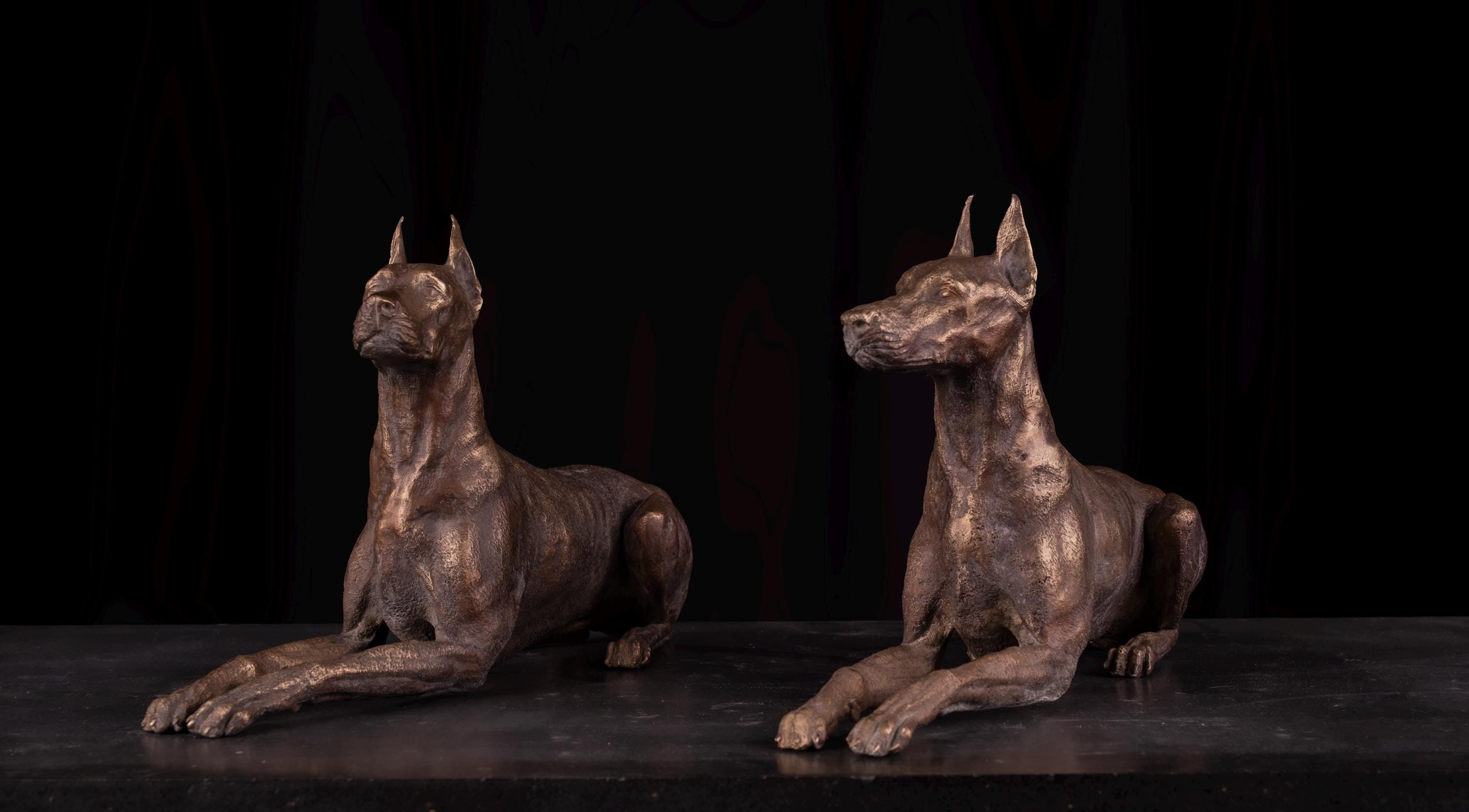 Bronze Doberman Statue Pair: Lost Wax Sculpture