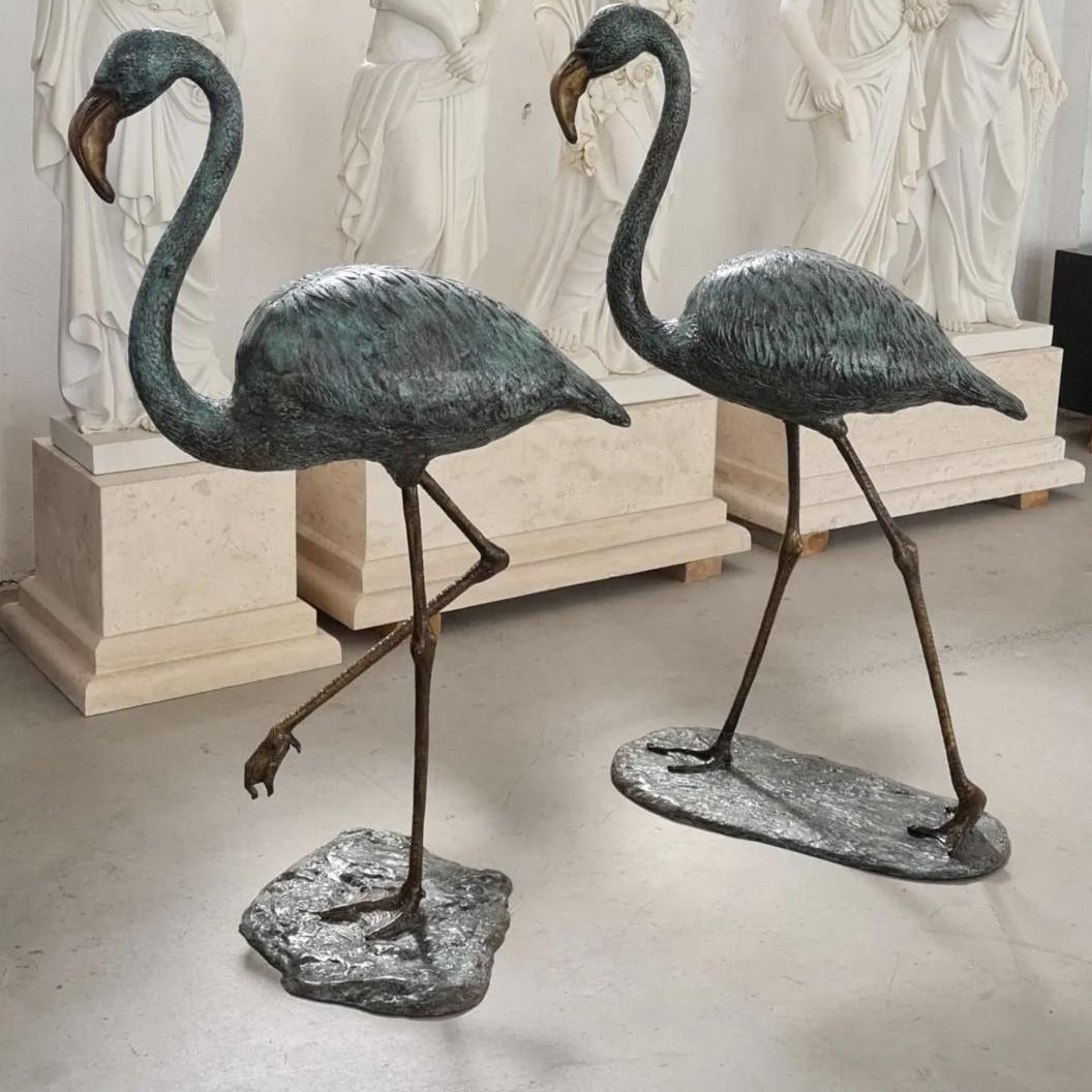 Pair of Bronze Flamingo Sculptures: Large Garden Yard Statues