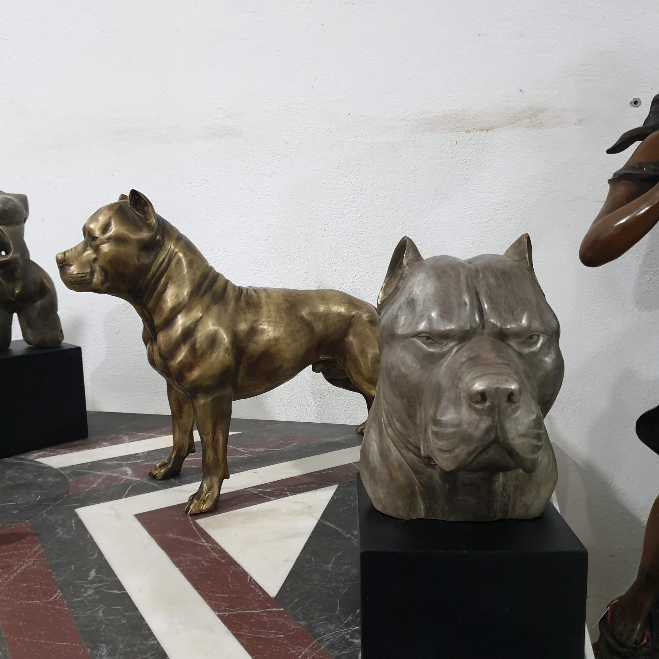 Bronze Pitbull Bust Sculpture: 14-Inch Lost Wax Art on Marble Base