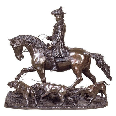 Bronze Hunter with Dogs Sculpture: Equestrian Hunting Scene (23.62 Inches)