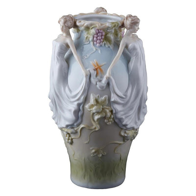 Art nouveau Three Graces Porcelain Vase Pedestalled with Lotus Leaf motif and Standing Maiden