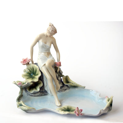 Art nouveau inspired Blue and White Porcelain Tray Lotus Pond Sitting Nymph