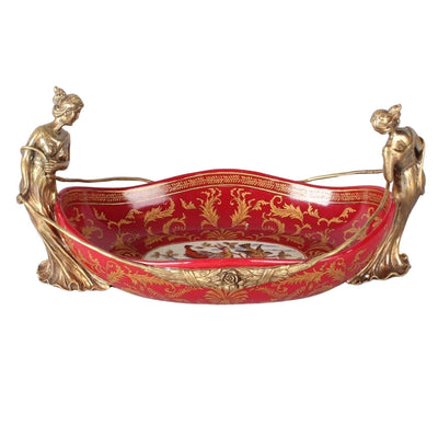 Art Nouveau Porcelain Centerpiece Bowl: Bronze Woman Figurine Decor