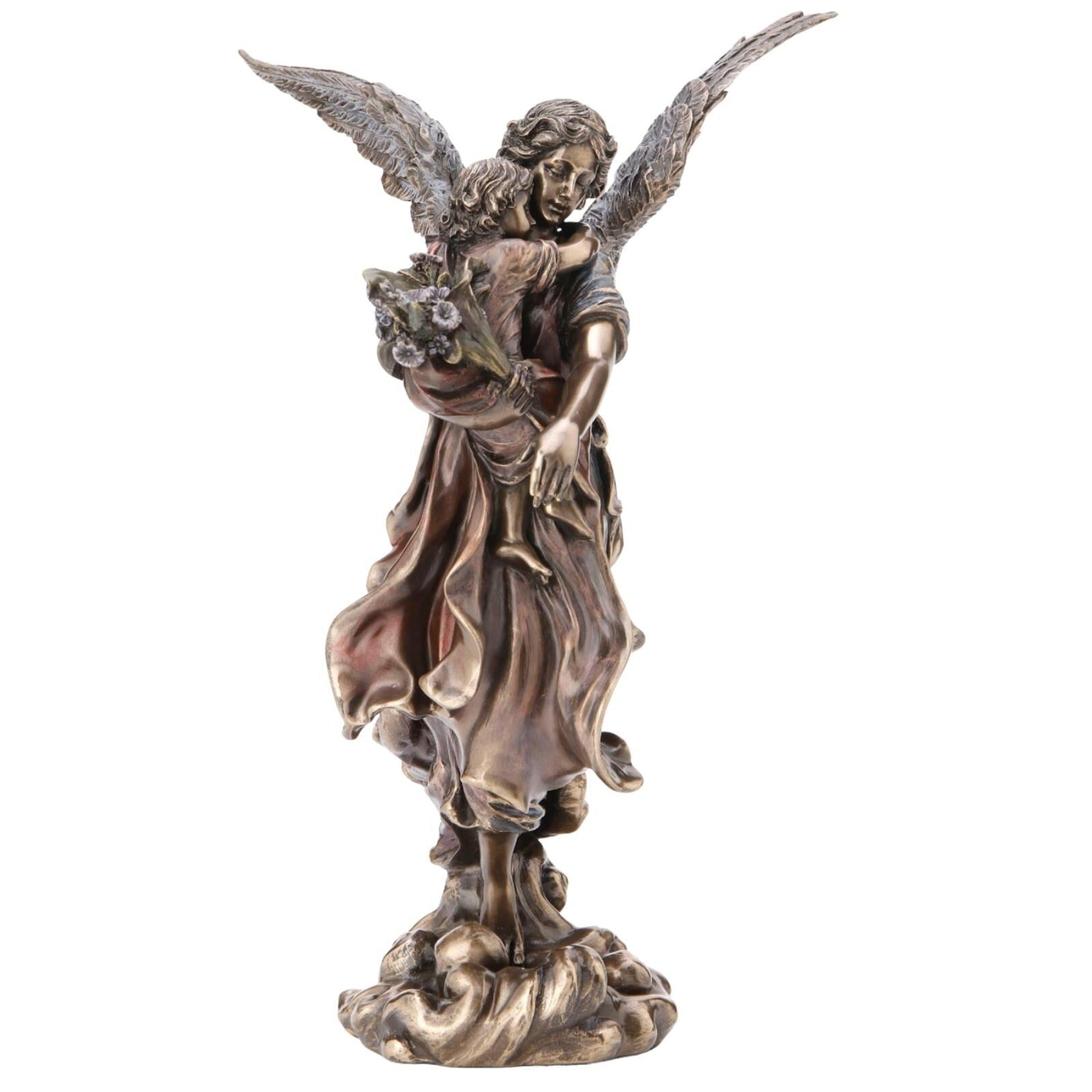 Cold Cast Bronze Guardian Angel Statue: Child and Flower, Heavenly Decor