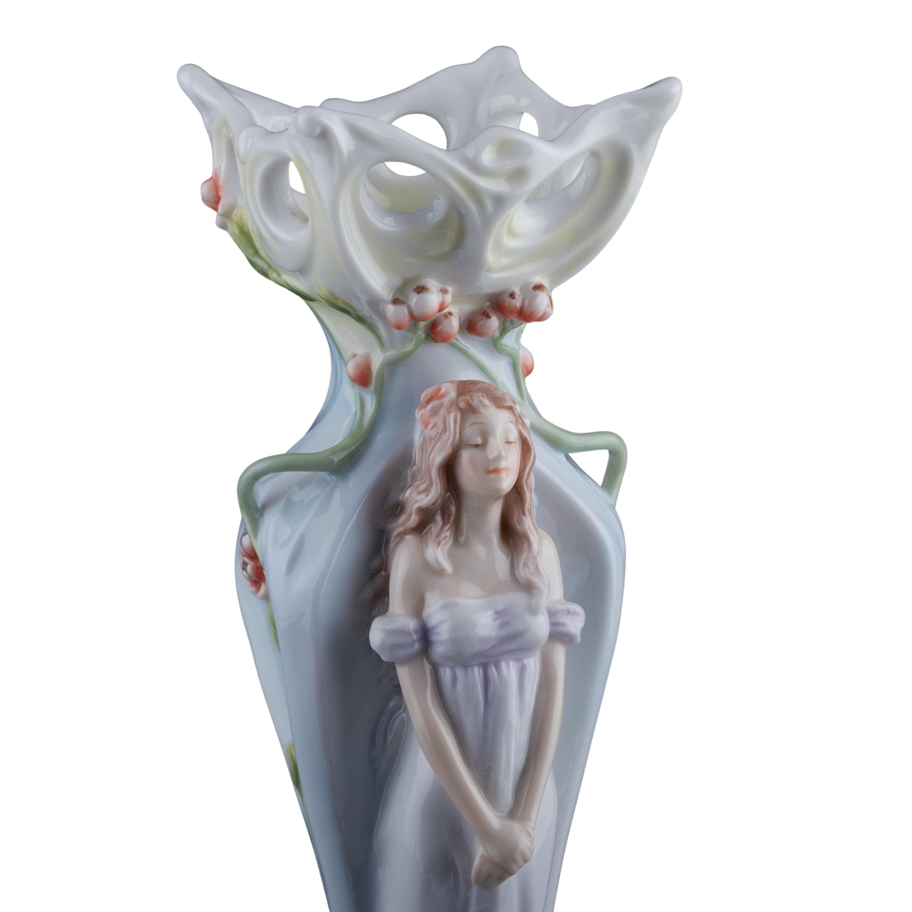 Art Nouveau Maiden Porcelain Vase, Hand-Painted Floral Figurine Bud Vase