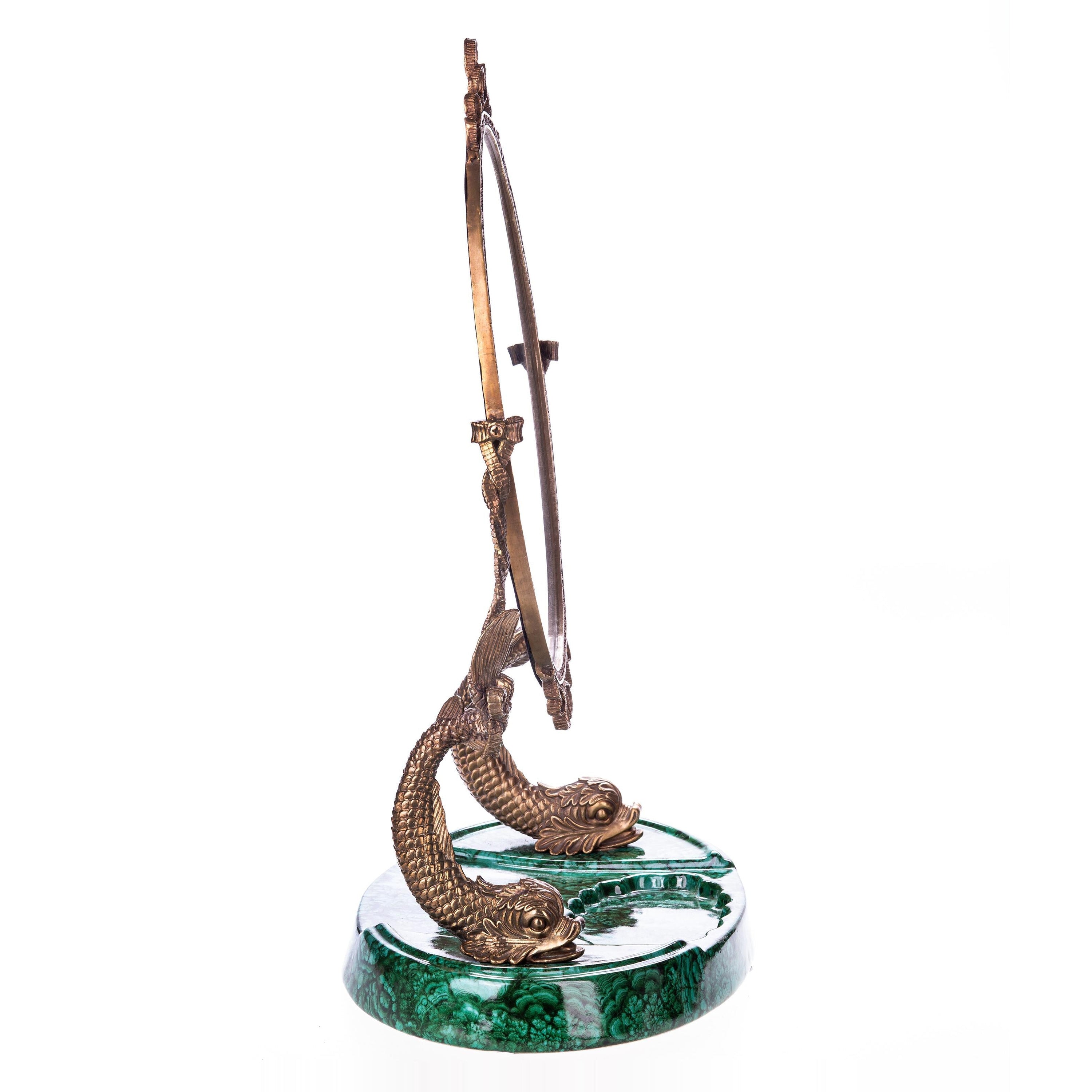 Bronze Koi Fish Vanity Mirror on Malachite Base | Handcrafted Bronze