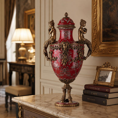 Large Red Porcelain Bronze Urn Vase with Cherubs | Handcrafted Bronze