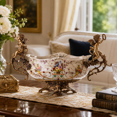 Vintage Porcelain Centerpiece Bowl with Cherub Handles | Handcrafted