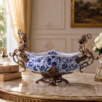 Victorian Cherub Porcelain Centerpiece Bowl | Handcrafted Bronze Decor