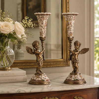 Pair of Cherub Candlesticks with Floral Porcelain Shade