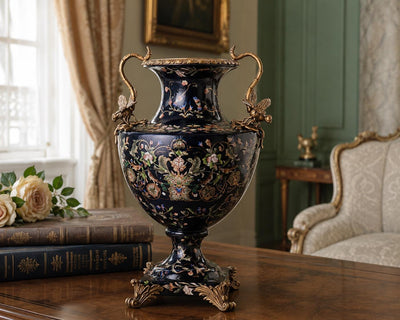 Luxury Black Porcelain Urn Vase with Gilt Bee Handles | Handcrafted