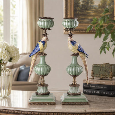 Pair of Parrot Porcelain Candle Holders | Handcrafted Porcelain Decor