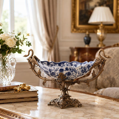 Swan Handle Porcelain Bowl | Handcrafted Bronze Decor