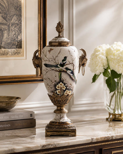 Luxury Porcelain Bird Urn with Bronze Ram Handles | Handcrafted Bronze