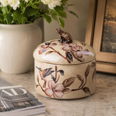 Vintage Floral Porcelain Jewelry Box with Bronze Frog Lid