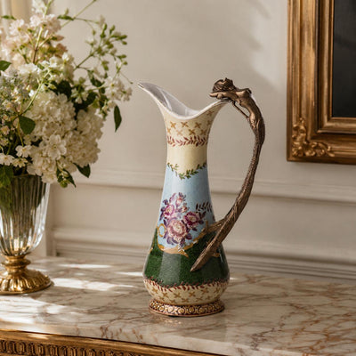 Floral Dragon Handle Pitcher | Handcrafted Porcelain Decor