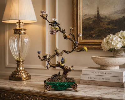 Luxury Bronze Tree Sculpture with Birds & Porcelain Flowers