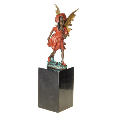 Red Fairy Statue with Gold Wings | Handcrafted Marble Decor