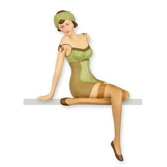 Resin Figurine of Seated Pin-Up Girl in Green Retro Lingerie