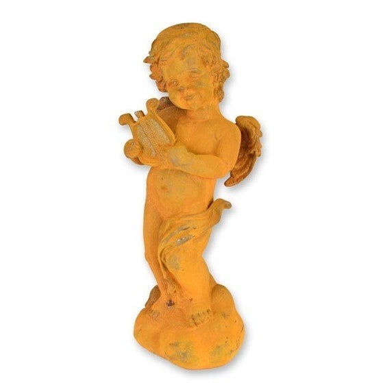 Rusty Cast Iron Figurine of a Putto Plying Harp. Home Decor