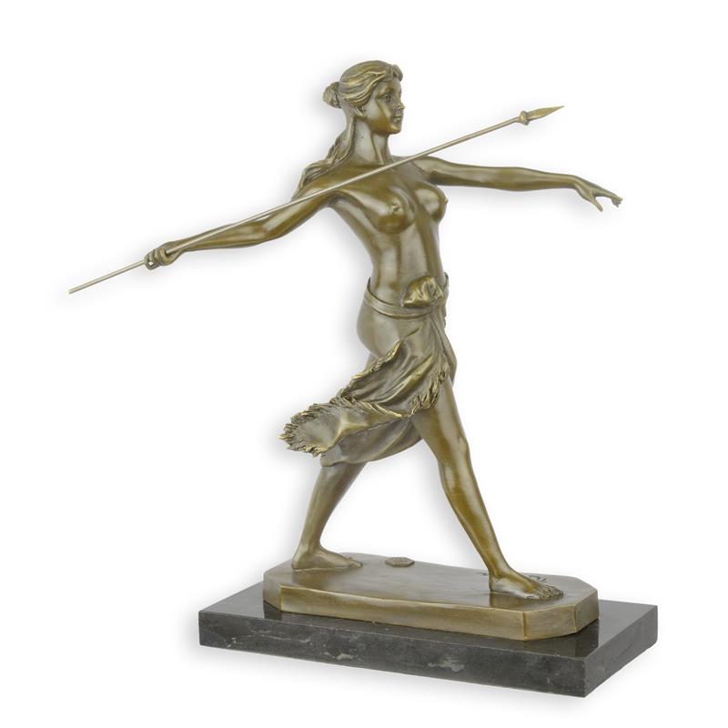 Spear-Wielding Diana Figure | Handcrafted Bronze Decor | Gift Idea