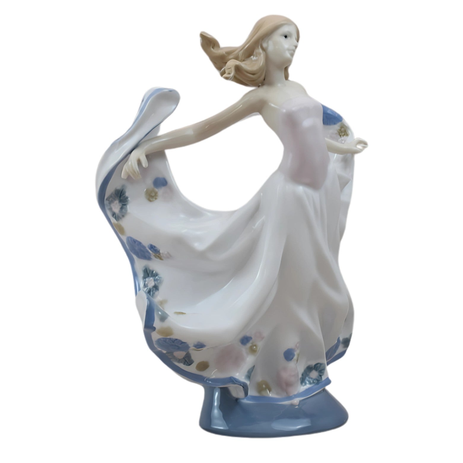Porcelain Figurine of a Graceful Dancer in Flowing Floral Dress