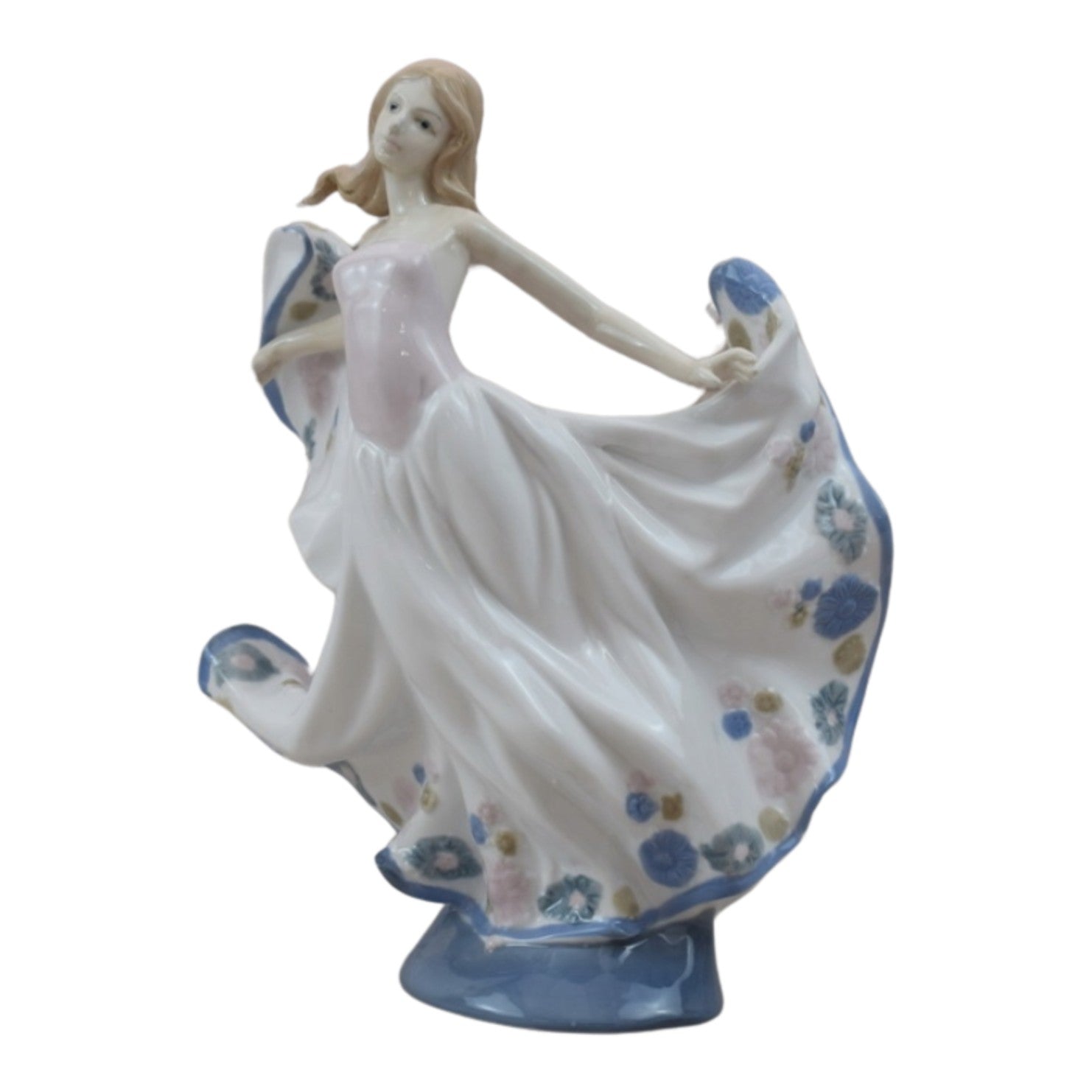 Porcelain Figurine of a Graceful Dancer in Flowing Floral Dress