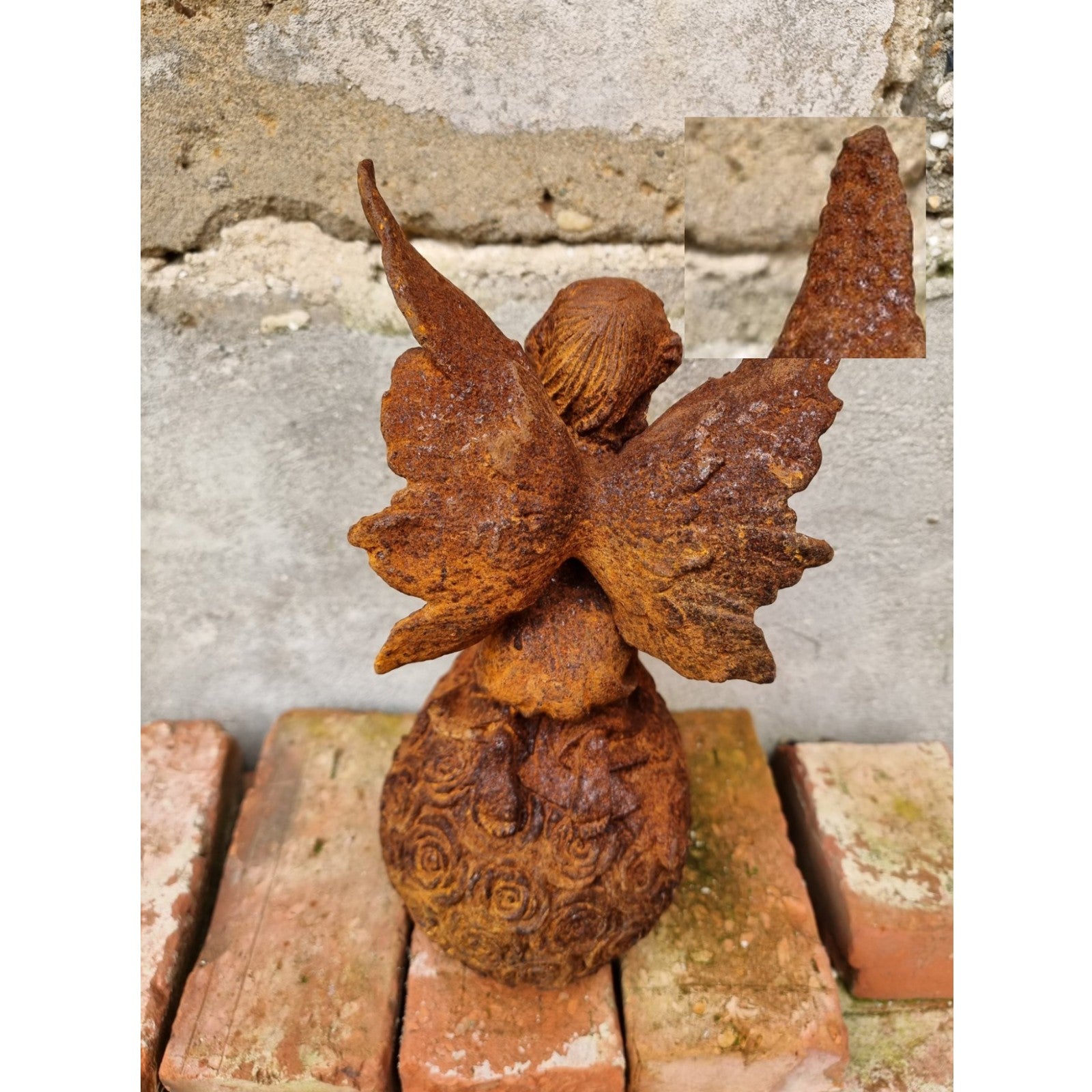 Rusty Cast Iron Figurine of a Fairy on Ball. Garden Yard Sculptures