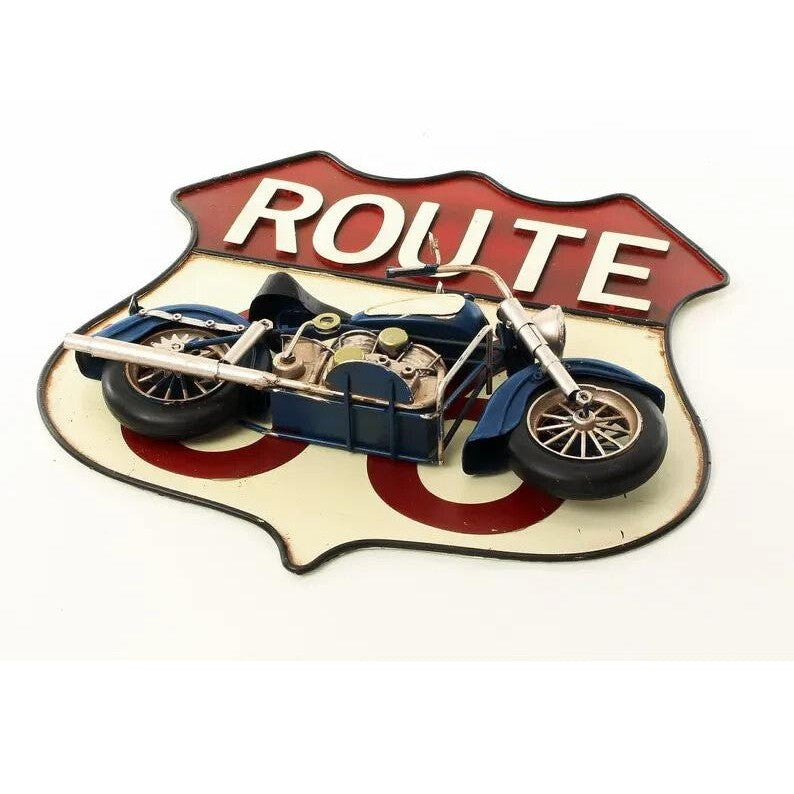 Tin 3D Wall Plaque "Route 66" Mounted with Motorcycle, Tin & Model Col