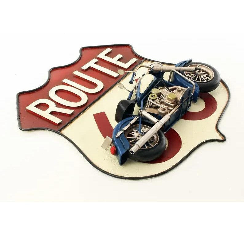 Tin 3D Wall Plaque "Route 66" Mounted with Motorcycle, Tin & Model Col