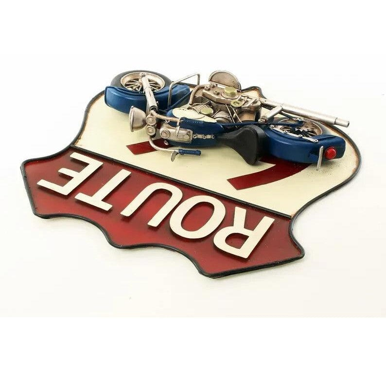 Tin 3D Wall Plaque "Route 66" Mounted with Motorcycle, Tin & Model Col