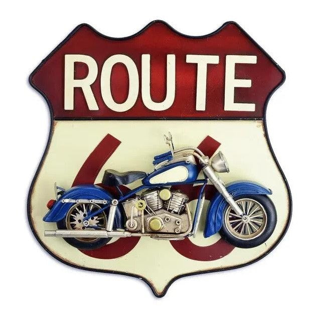 Tin 3D Wall Plaque "Route 66" Mounted with Motorcycle, Tin & Model Col