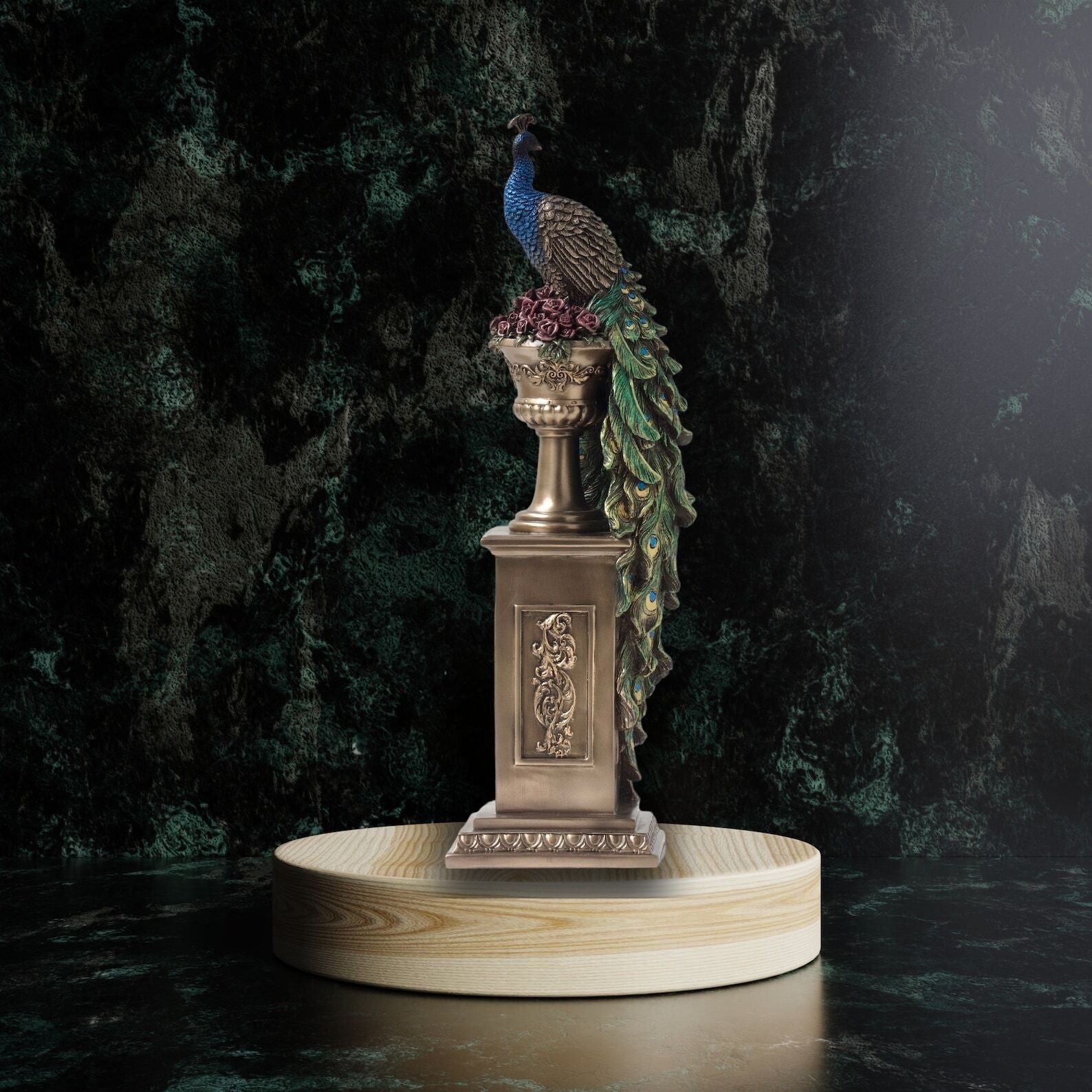 Peacock Urn Pedestal Sculpture | Handcrafted Resin Decor