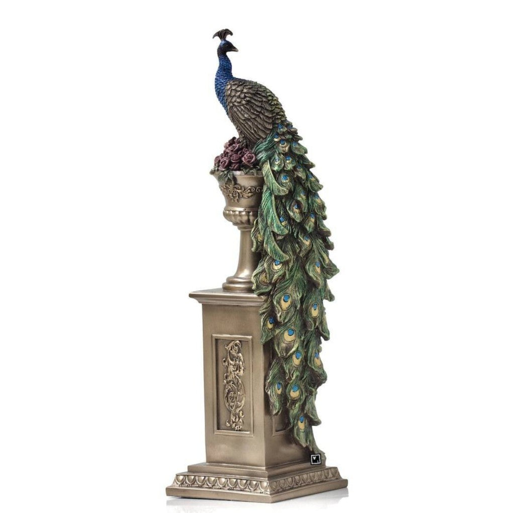 Peacock Urn Pedestal Sculpture | Handcrafted Resin Decor