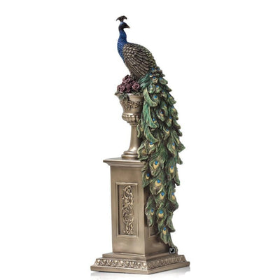 Peacock Urn Pedestal Sculpture | Handcrafted Resin Decor
